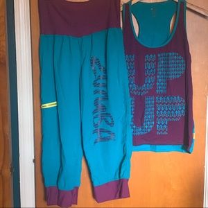 Zumba Wear Teal & Purple Racer Back Tank Top & High Waist Cargo Capri Pants XXL